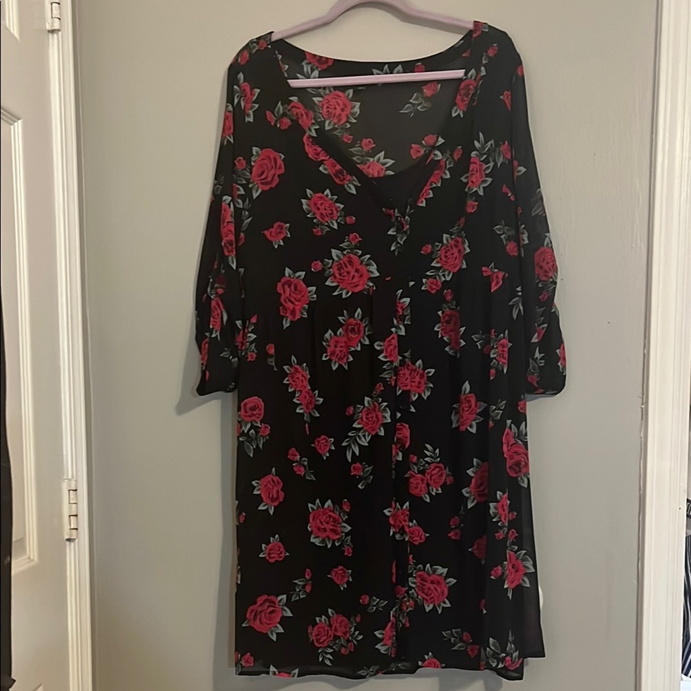 Sheer Black Dress With Pink Floral and Black Sleeveless Underdress